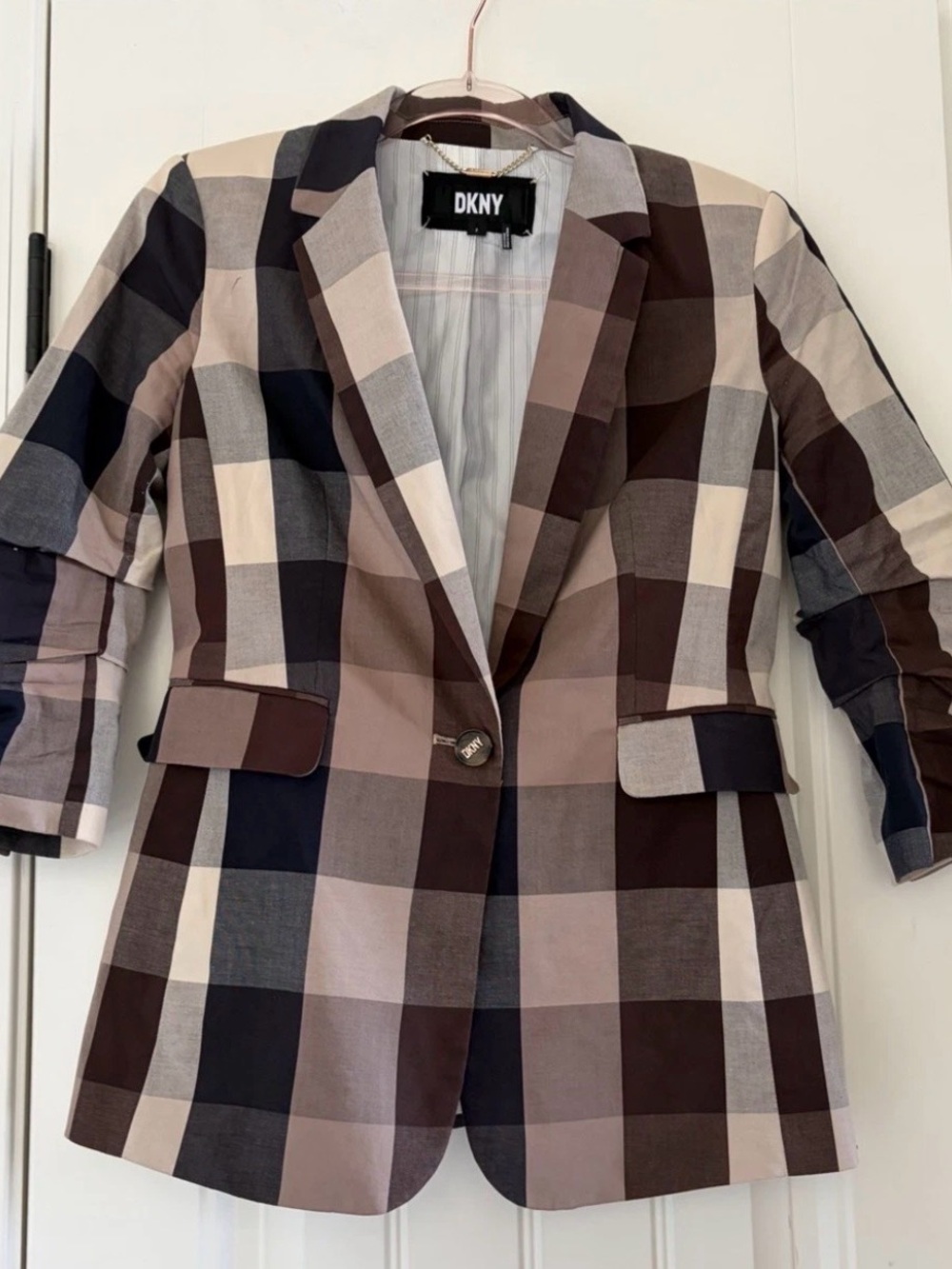 DKNY Plaid Single-Button Blazer in Brown, Taupe & Black